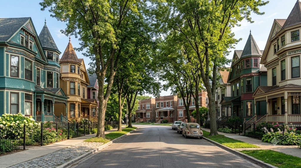 Ornate Victorian homes with turrets and painted wood trim on a tree-lined Wicker Park Chicago street