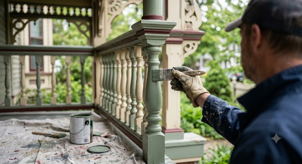 Painter brushing fresh paint onto turned porch spindles of a Victorian home in Oak Park, IL