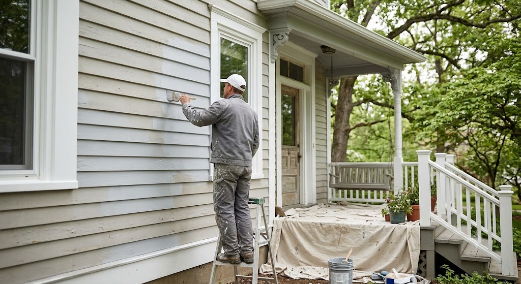 Painter brushing fresh paint onto wood siding of a vintage home near downtown Deerfield, IL
