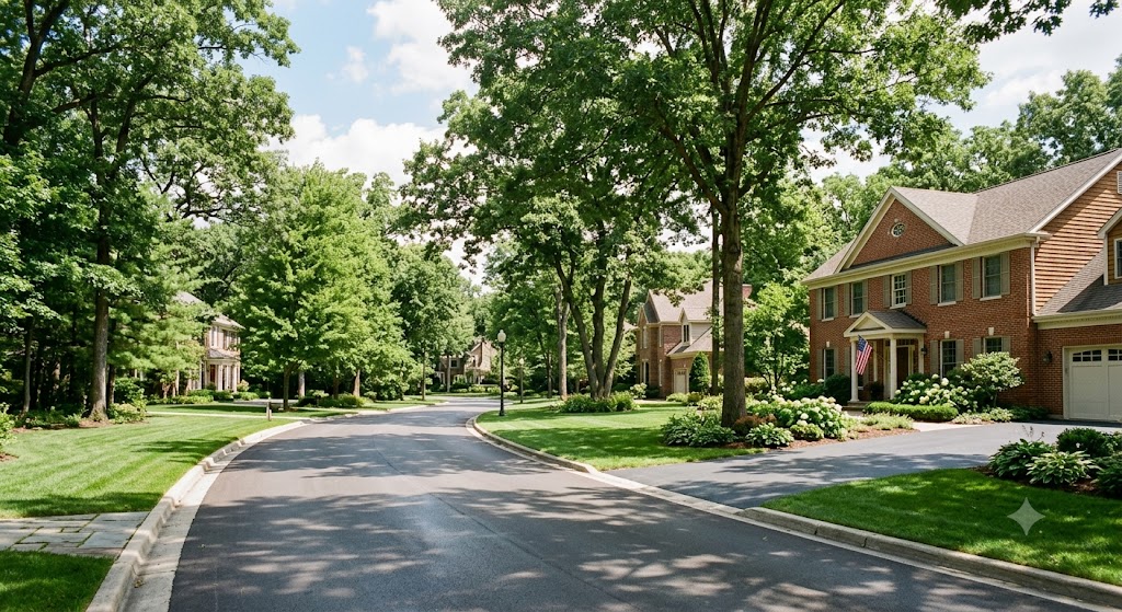 Tree-lined Lincolnshire street with brick-and-cedar colonial homes on wooded half-acre lots