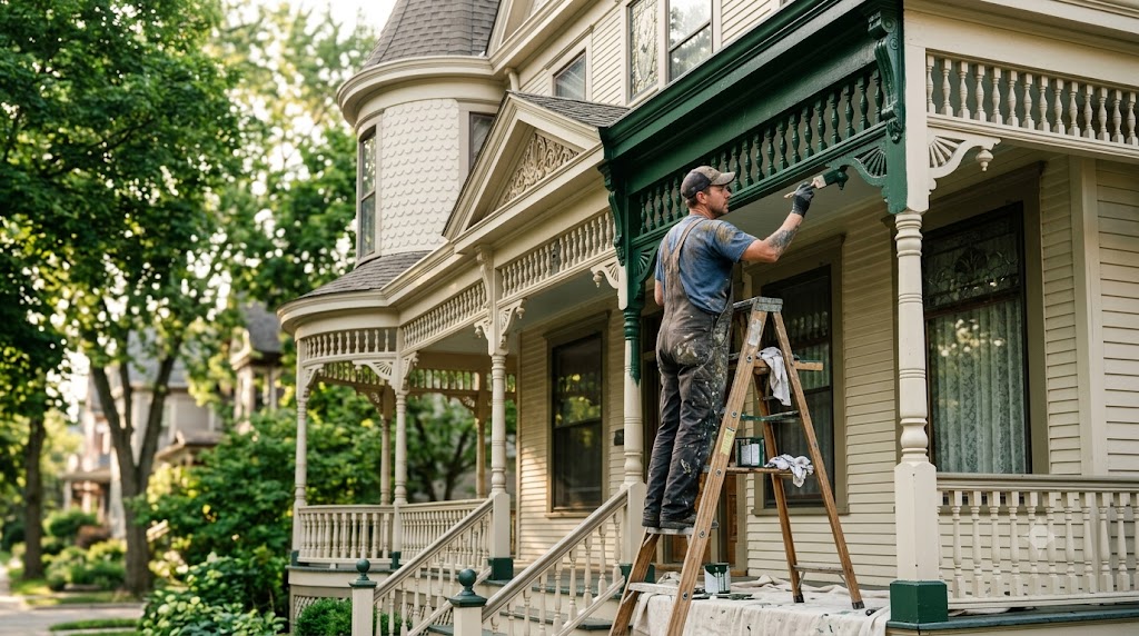 Painter applying period-correct trim color to a Victorian landmark home exterior in Chicago