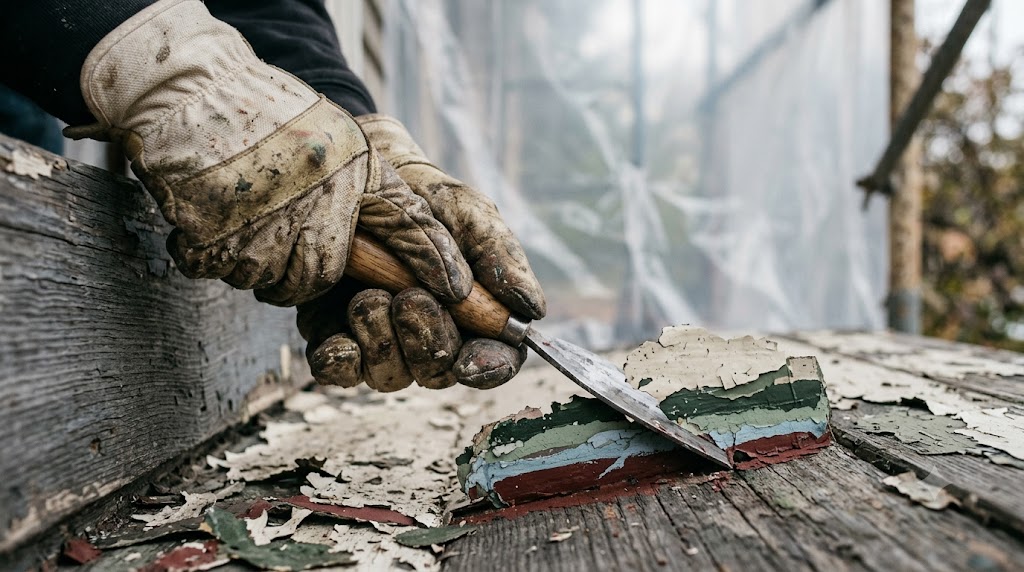 Lead-safe hand removal of old paint layers from historic woodwork on a pre-1978 Chicago landmark home