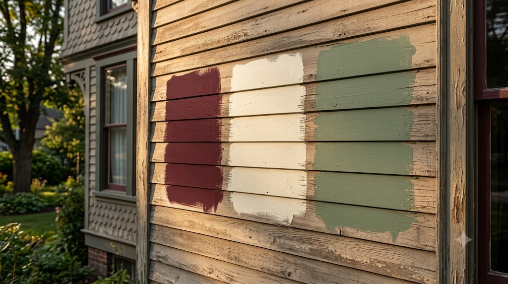 Period-correct paint color testing at full scale on the siding of a historic Chicago landmark home