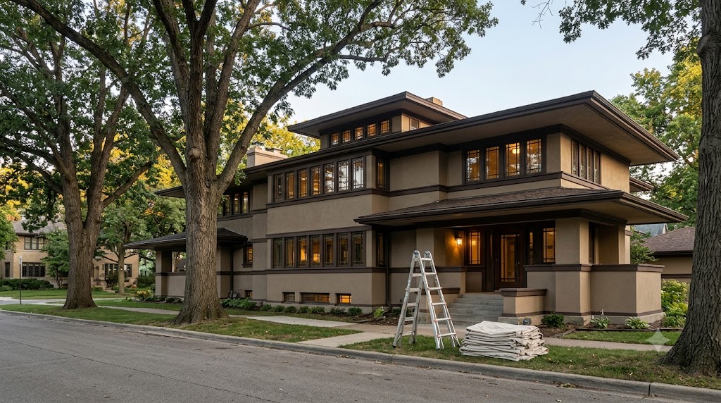 Freshly painted Prairie-style historic home with earth-tone trim in the Oak Park area