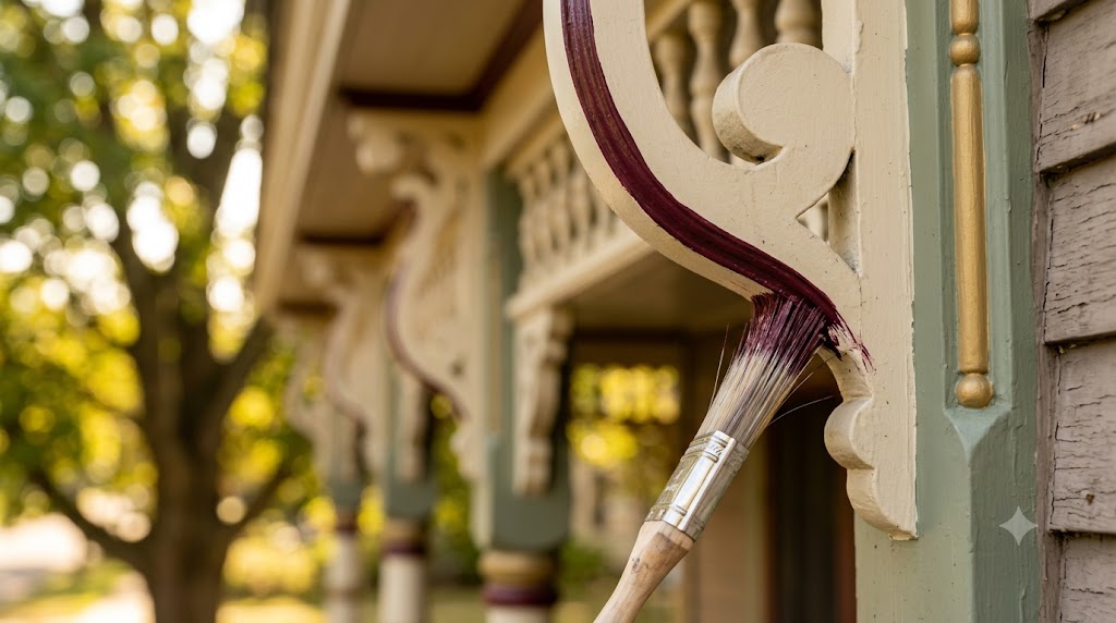 Detail brushwork applying an accent color to carved Victorian trim during landmark paint restoration in Chicago